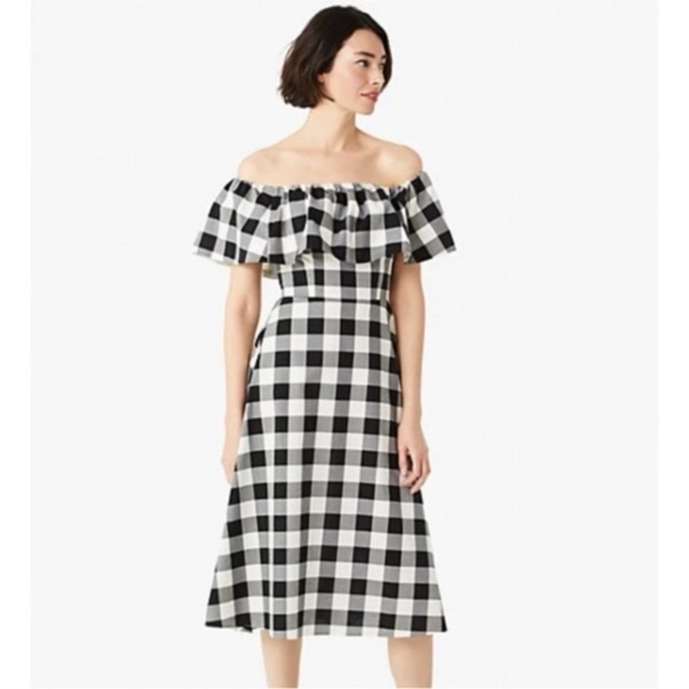 kate spade Black and White gingham off the shoulder Midi Dress